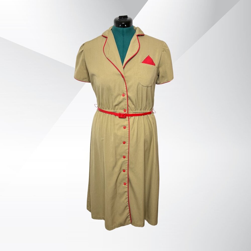 Vintage 1980s Tan Uniform-Style Dress with Red Accents and Belt - Size 14